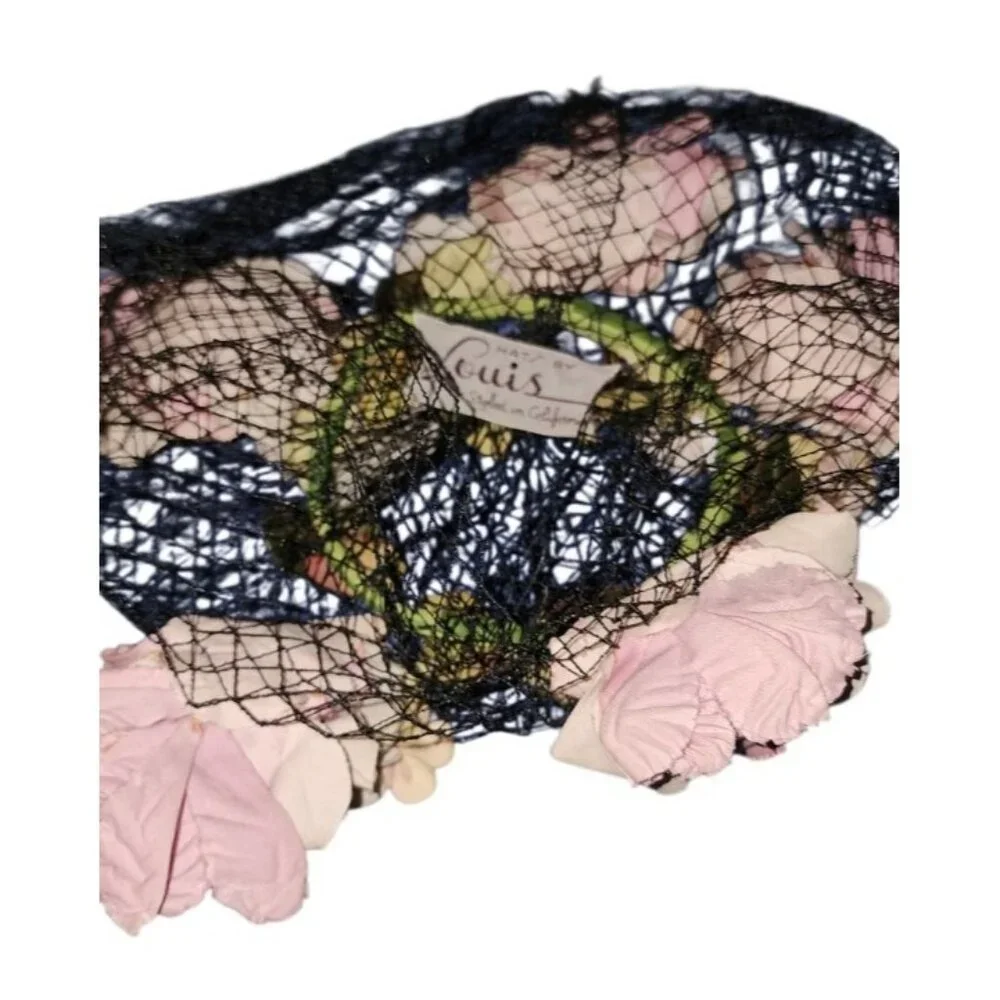 LOUIS Styled in California Vintage Floral Hat Black Net Pink Silk Roses